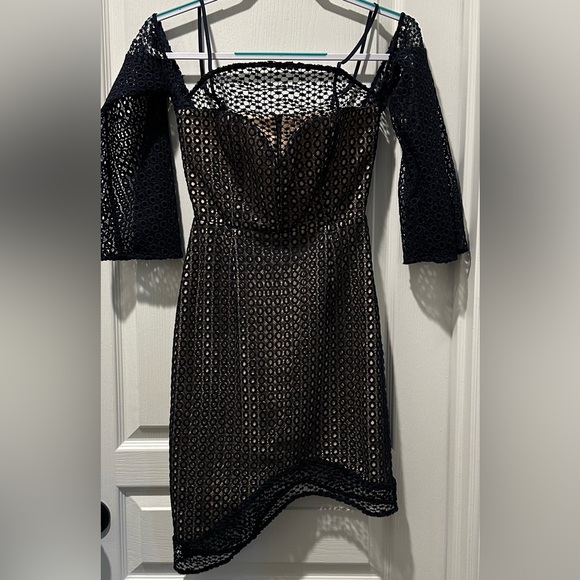 Keepsake Cold Shoulder Easy Love Navy Lace Mini Dress - Picture 3 of 10